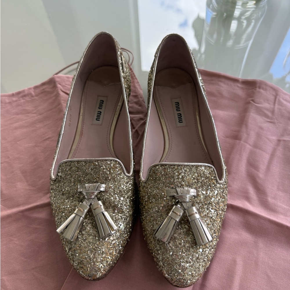 Miu Miu Sparkling Gold Tassel Loafers